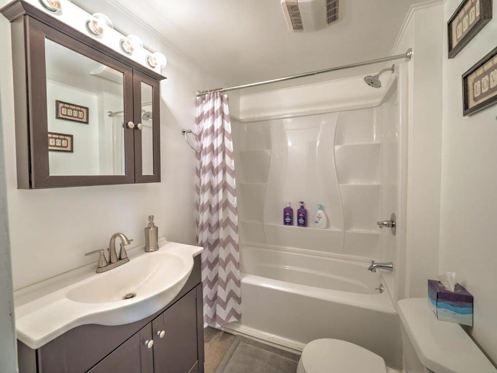 y baño blanco con lavabo y ducha. en 1st Base Apt 1 All Star Baseball Rentals, en Oneonta