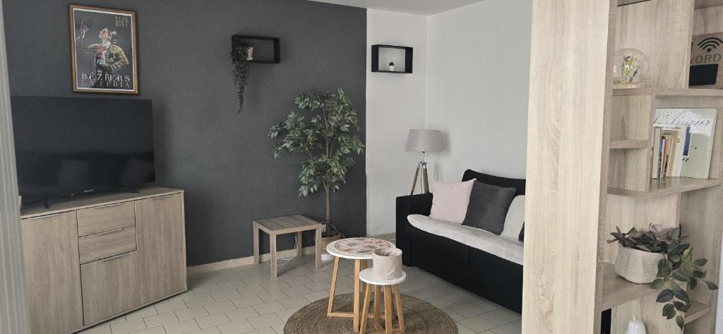 - un salon avec un canapé et une télévision dans l'établissement Charmant T2 Béziers centre ville avec balcon, à Béziers