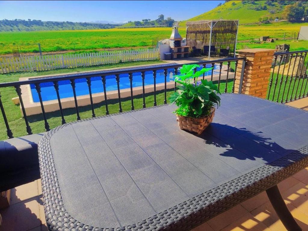 una mesa con una maceta sentada en un balcón en VILLA BILBILIS con piscina privada, barbacoa y parking, en Linares