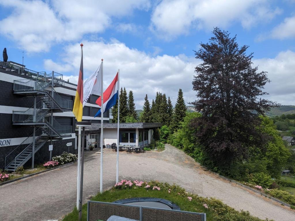 a building with two flags in front of it at Apartment Gästehaus Grönebach mit Pool-3 by Interhome in Winterberg