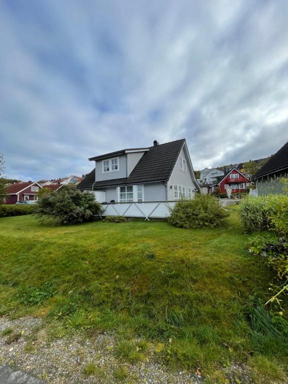 a white house in a yard with a green lawn at Lovely house in Tromso in Tromsø