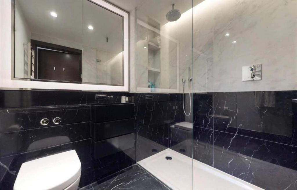 a bathroom with a toilet and a glass shower at Exclusive Large Parliament Apartment in London
