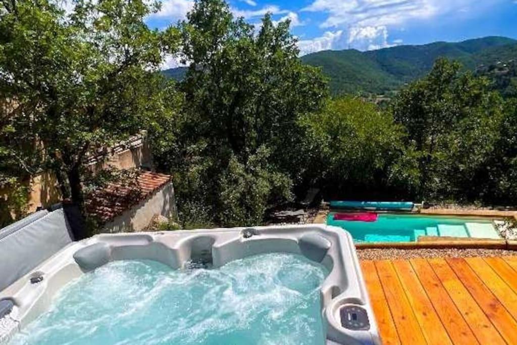 - une piscine avec un bain à remous dans l'arrière-cour dans l'établissement La Maison dans Les Pins Ardèche, à Saint-Thomé