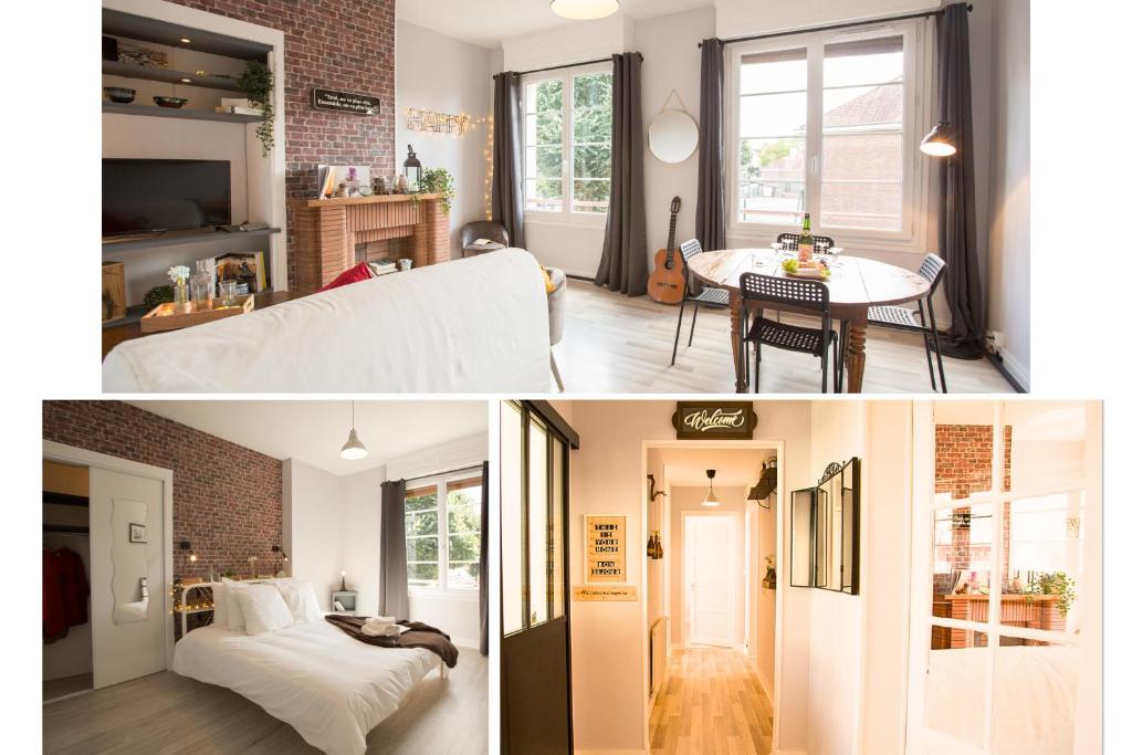 2 fotos de una sala de estar y un dormitorio en #LIndustrioChampetre Free Parking, Bien Situé, Spacieux, Proche Clinique en Rouen