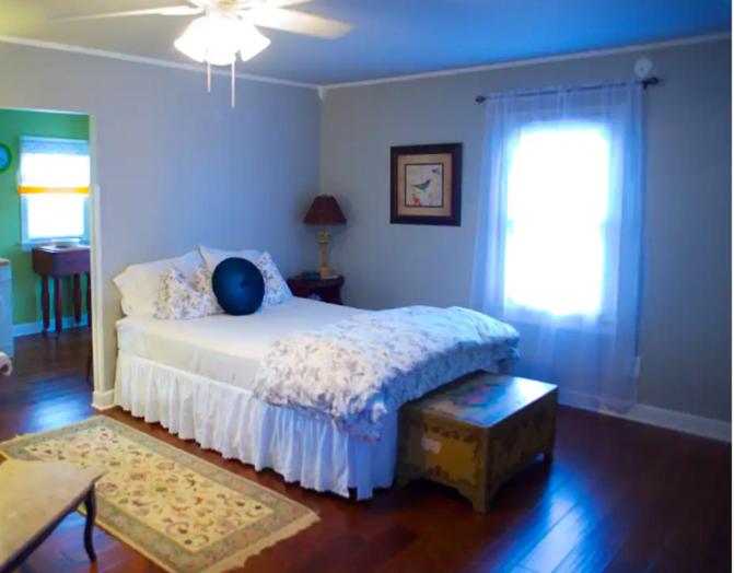 a blue bedroom with a bed and a window at Truly Central Private Guest House in Nashville