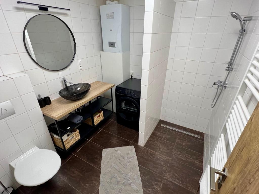 a bathroom with a sink and a toilet and a mirror at Sušilova 14 apartments II in Přerov