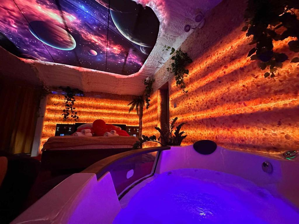 een kamer met een bed en een bad met paarse verlichting bij APARTAMENT SOLNY in Rzeszów
