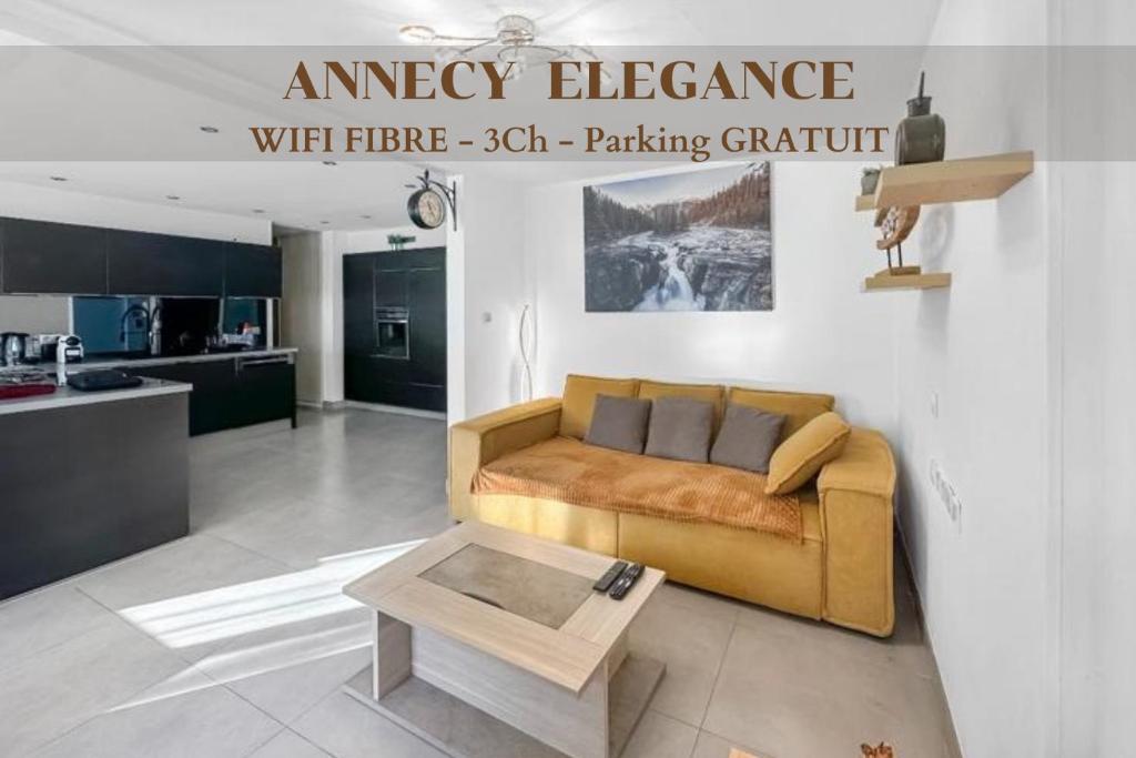 a living room with a couch and a coffee table at Annecy Élégance in Meythet