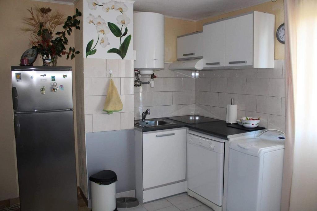 une petite cuisine avec un évier et un réfrigérateur dans l'établissement Studio cap Agde, au Cap d'Agde