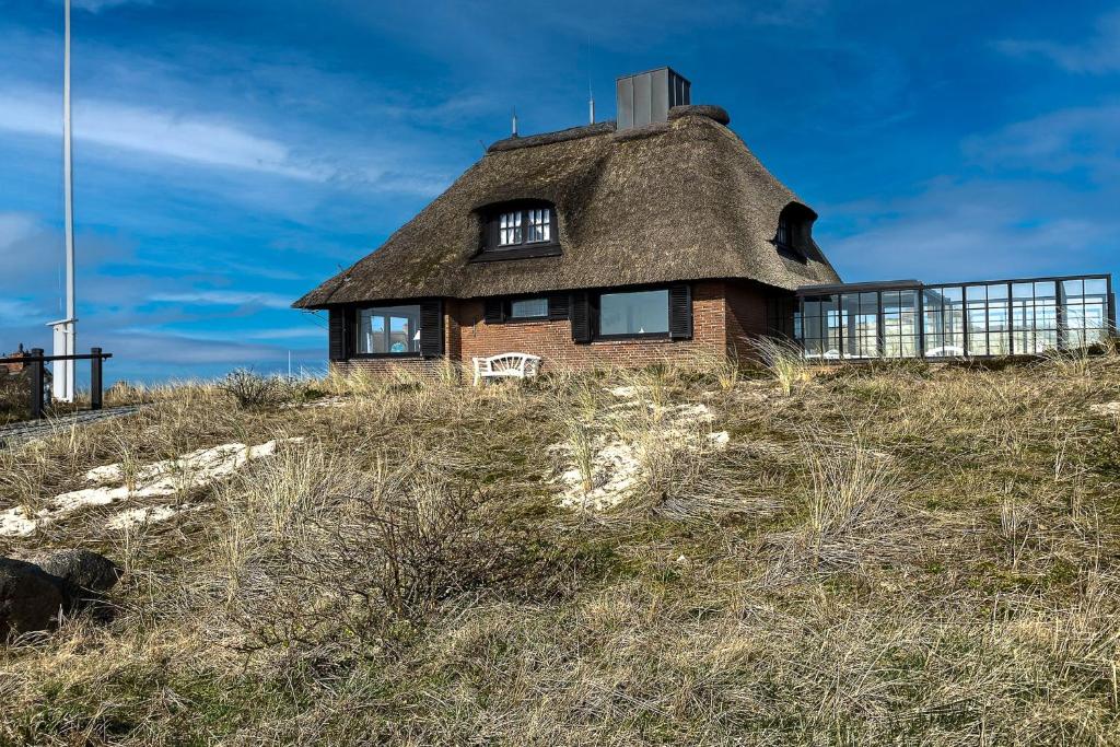 a house with a thatch roof on top of a hill at Friesen Hüs in Hörnum