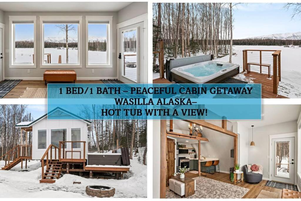 un collage de tres fotos de una casa con bañera de hidromasaje en Hatcher Pass Lakeside Hideaway with Hot Tub! en Wasilla