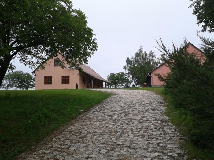 a cobblestone road in front of a house at Vadaspuszta Vendeghaz in Csatka