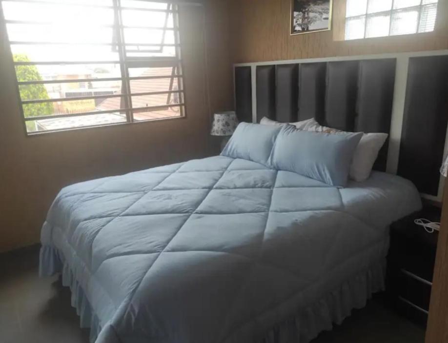1 dormitorio con 1 cama grande con almohadas azules en Brand new crane Apartments no 9, en Lenasia