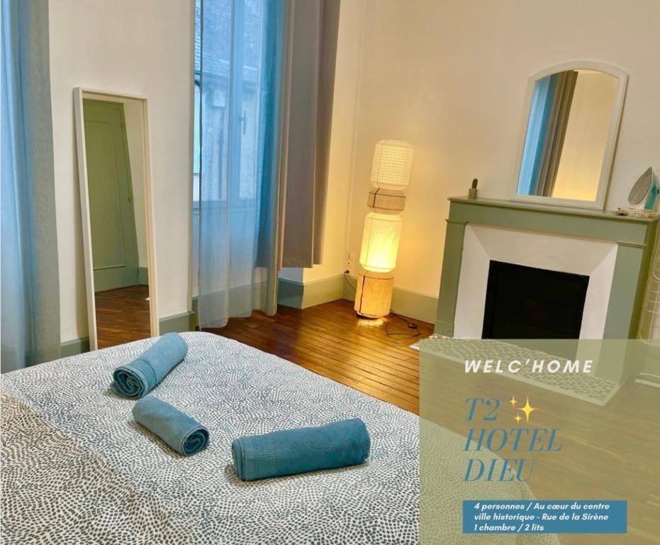 - 2 oreillers bleus sur un lit dans une chambre avec cheminée dans l'établissement Hôtel de Ville - au cœur du centre de Bourges 1 chambre, à Bourges