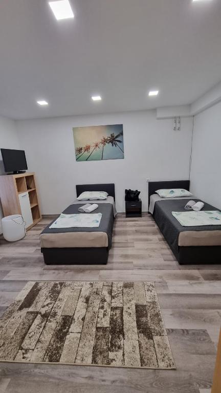 a bedroom with two beds and a rug at Jasko apartma in Ljubljana