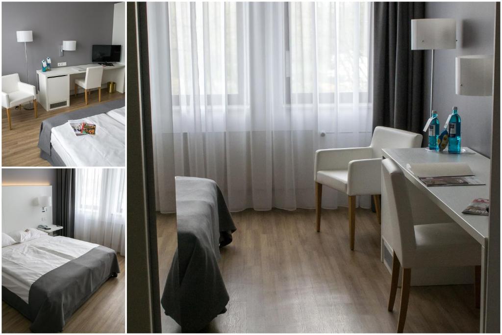 two pictures of a hotel room with a bed and a table at relexa hotel Airport Düsseldorf/Ratingen in Ratingen