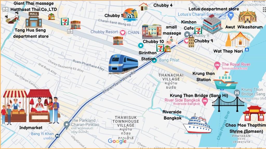 Un mapa de una ciudad con lugares de interés en Chubby 5 Room 5 en Bangkok