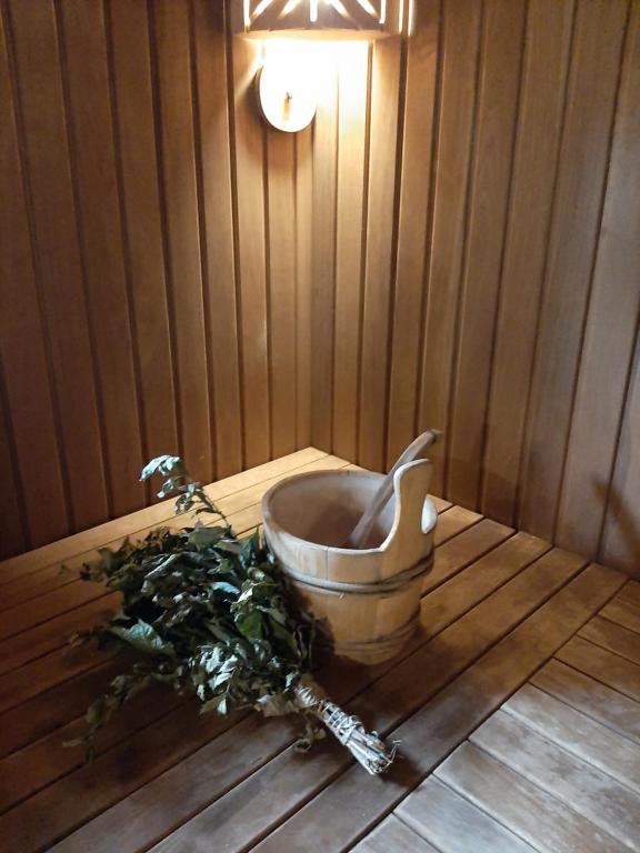 y baño con aseo en el suelo de madera. en Purvēveri en Tukums