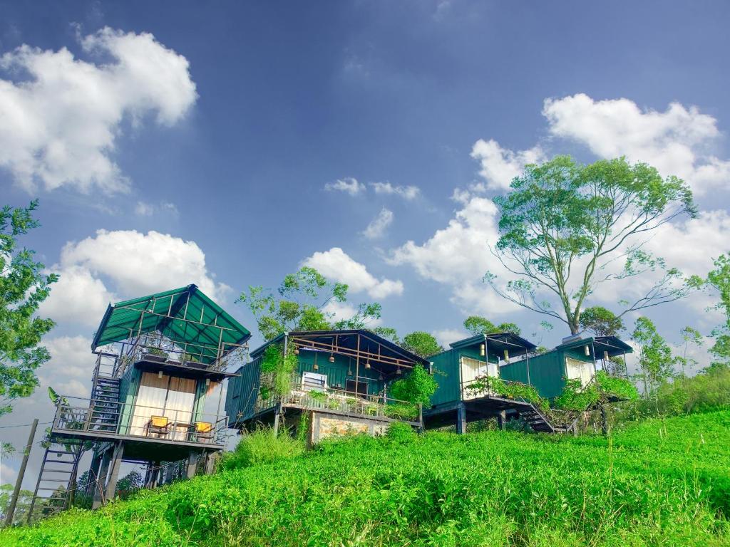 een groep groene huizen op een heuvel bij Box on clouds in Ella