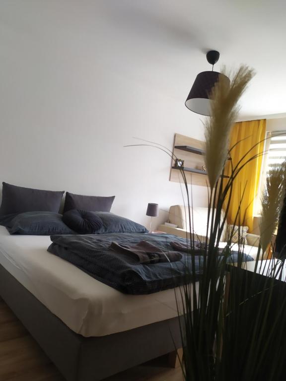 a bedroom with a bed and a potted plant at Good Morning Podzamcze in Wałbrzych