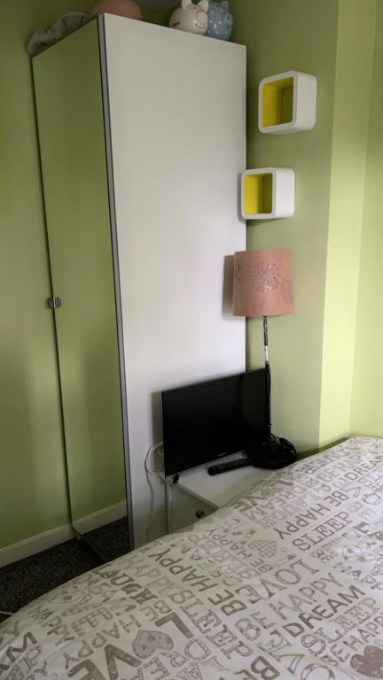 1 dormitorio con 1 cama, TV y lámpara en 6 badger way en Hatfield