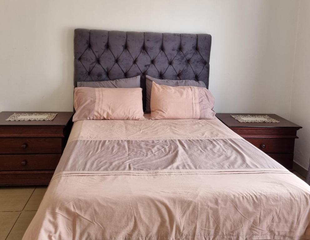 a large bed with pink pillows and two night stands at Mukamba Holiday House in Livingstone