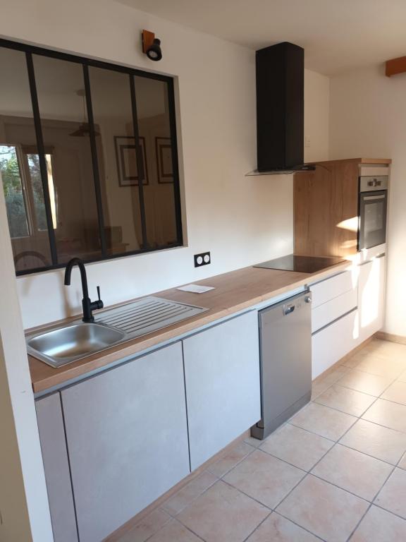 une cuisine avec un évier et un plan de travail dans l'établissement Maison de famille, à Saint-Julien-de-Cassagnas
