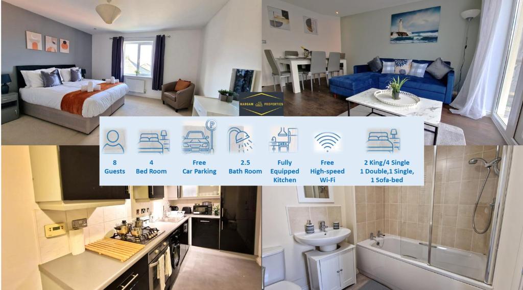 a collage of three pictures of a hotel room at Margam's Alvington House for Business Travellers, Relocator or Families with FREE Parking, High Speed Internet and fully equipped kitchen 