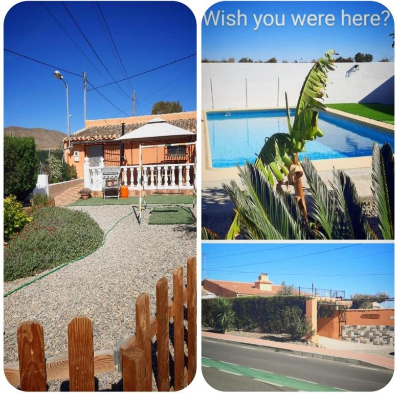 uma colagem de fotos de uma casa e uma piscina em 2 bed cottage Lorca many hiking & cycling trails em Lorca