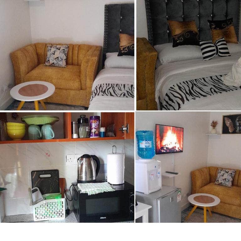 a collage of four pictures of a room at Josy studio in Kitengela 