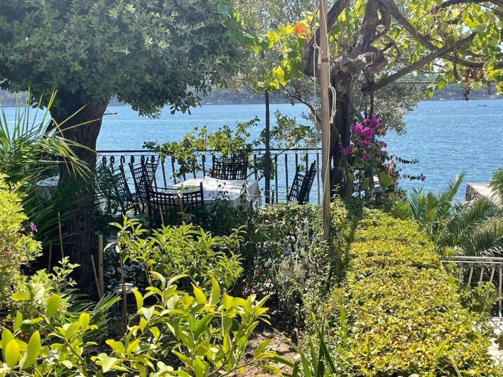 a garden with a table and chairs next to the water at Apartments Vila Miranda 2 in Barbat na Rabu