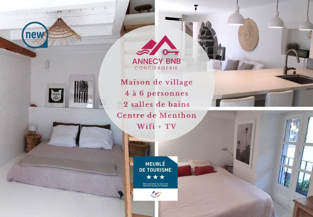 una habitación con una cama y un cartel delante de ella en Le Ramponnet, maison de village, 6 pers, en Menthon-Saint-Bernard