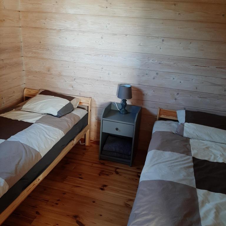 a bedroom with two beds and a night stand with a lamp at Purvēveri in Tukums