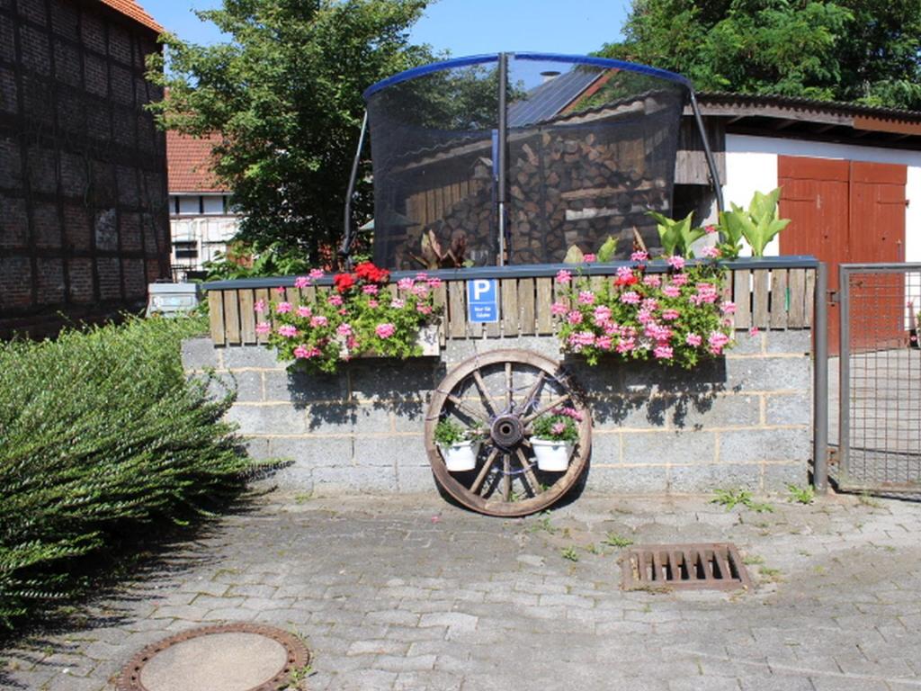 ogród z kwiatami na kamiennej ścianie w obiekcie Ferienwohnung Sonnenblume w mieście Rhadern
