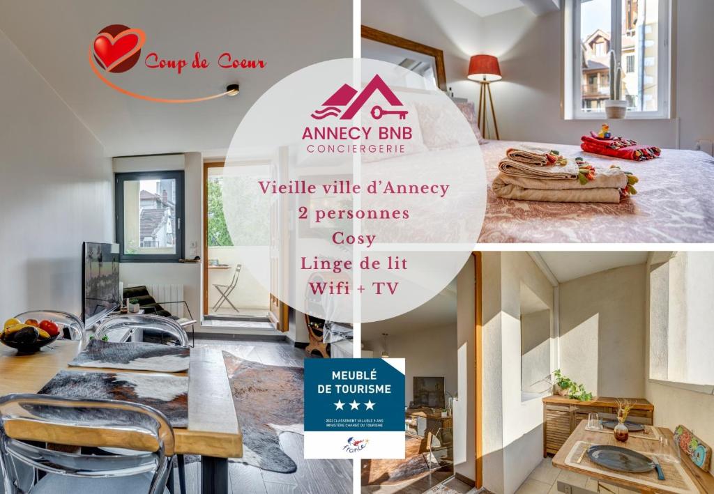 un collage de trois photos d'une chambre dans l'établissement Le Pura Vida, Hyper centre Terrasse + Parking, à Annecy