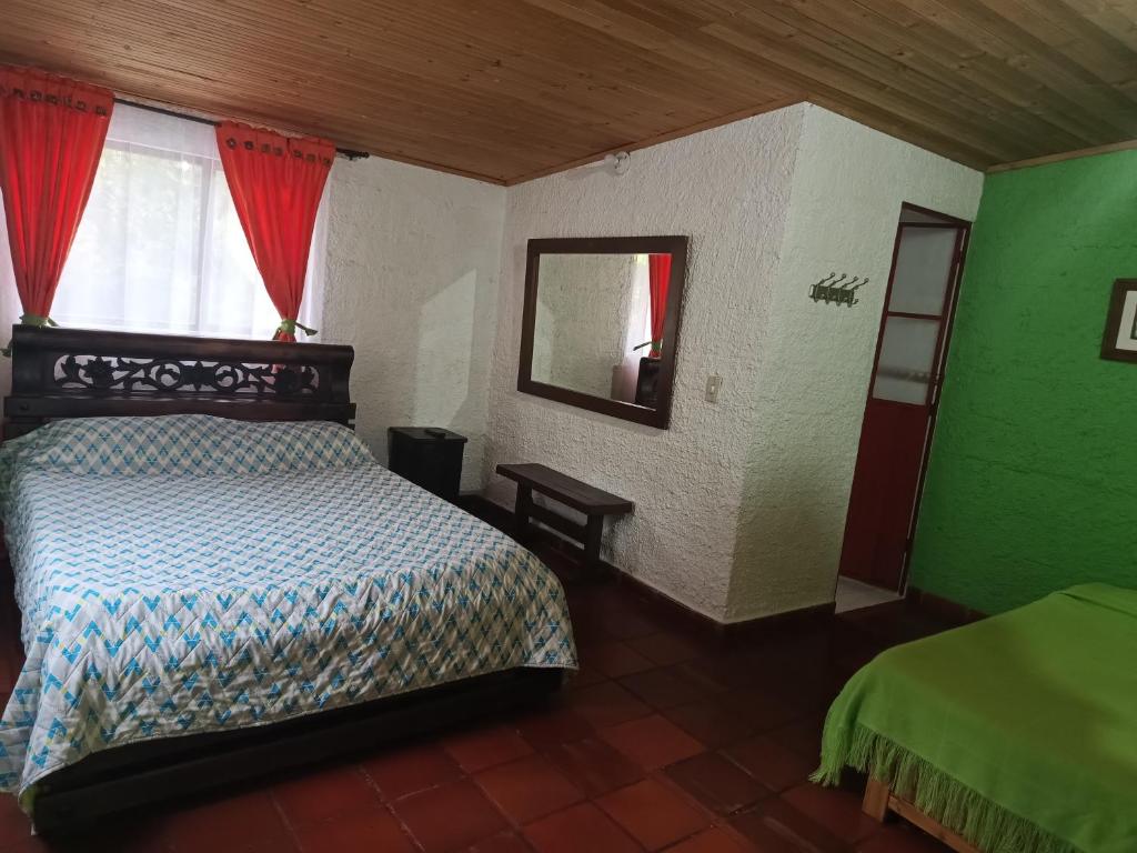 a bedroom with a bed and a mirror in it at Finca Hotel Spa Zhay in Guateque