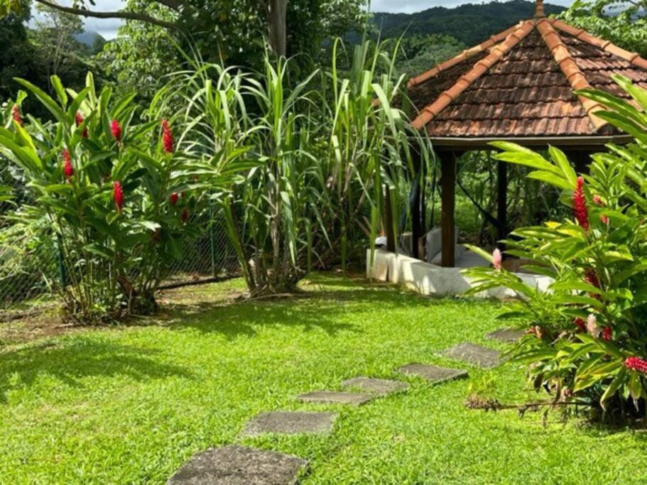 een tuin met een stenen loopbrug en een prieel bij LA VILLA Cœur de Martinique in Saint-Joseph