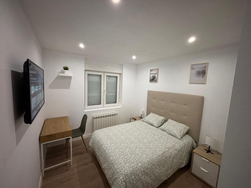 Dormitorio con cama, escritorio y TV en Apartamento Pumarin, en Oviedo