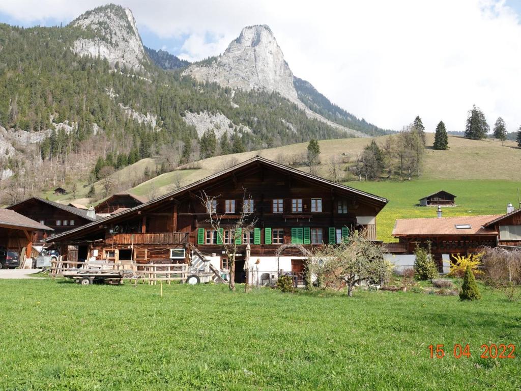 un grand bâtiment en bois avec une montagne en arrière-plan dans l'établissement Apartment Ferienwohnung Haltenboden by Interhome, 