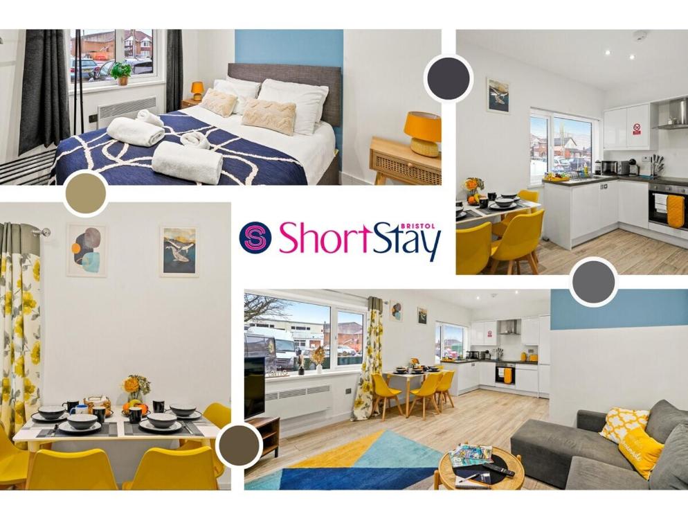 eine Collage mit Fotos von einem Schlafzimmer und einer Küche in der Unterkunft May Disc - Long Stay - Contractors in Swindon