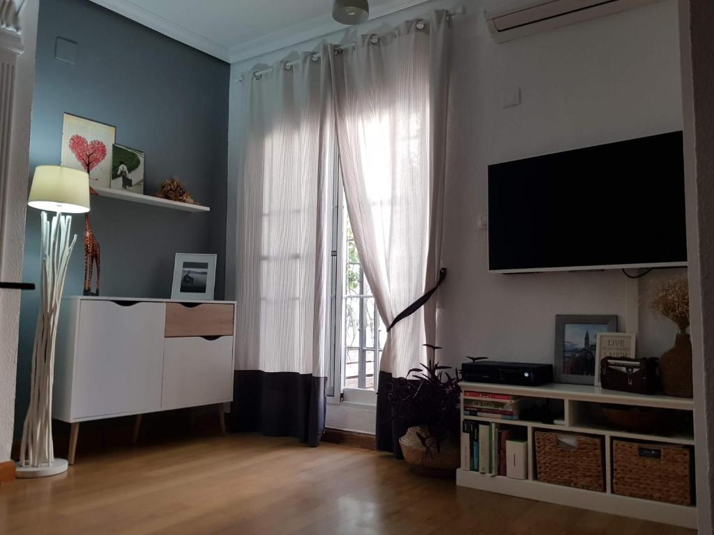 sala de estar con TV y ventana en Apartamento Barrionuevo, en Córdoba