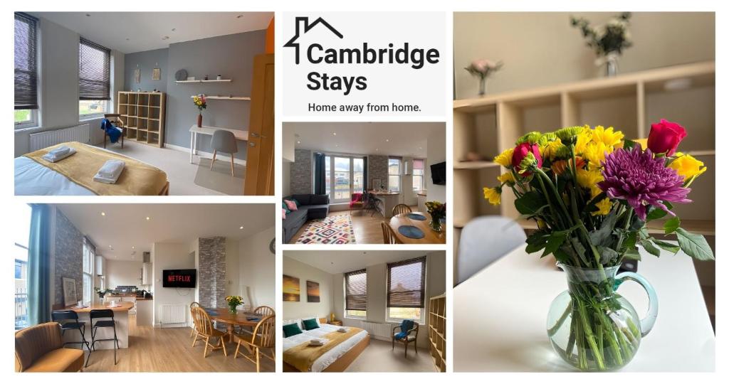 un collage de fotos de una sala de estar y un comedor en Cambridge Stays Diamond 2BR Apartment-Central-Parking-Walk to city & train station, en Cambridge