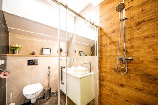 y baño con ducha, aseo y lavamanos. en Apartament Kamieniec, en Zakopane