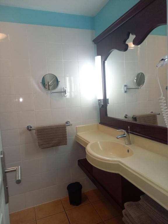 a bathroom with a sink and a mirror at Appartements VUE MER et PARC in Sainte-Luce