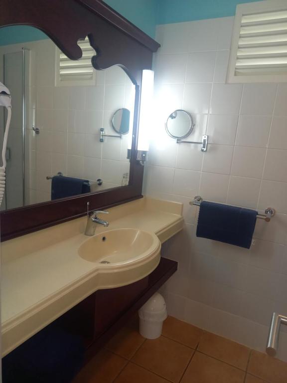 a bathroom with a sink and a large mirror at Appartements VUE MER et PARC in Sainte-Luce
