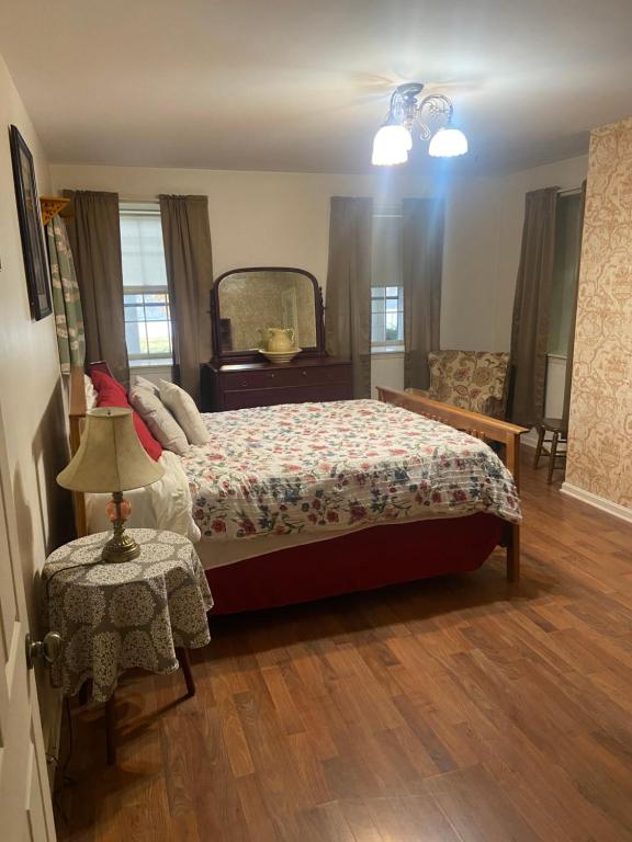 a bedroom with a bed and a table and a lamp at Weaverling House- Historic Stay in Smalltown America in Everett