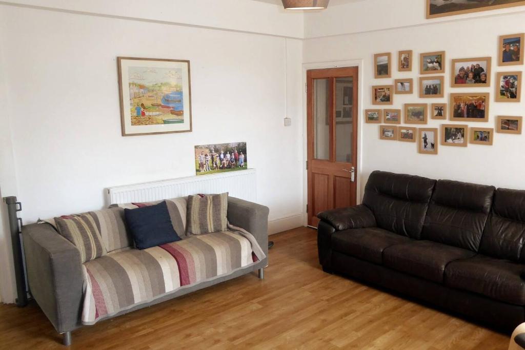 a living room with a couch and a leather couch at Contact For Best Prices, Large City Ctr 1 bed Apt, Free Parking, Garden, Bath & Shower, Wifi in Exeter