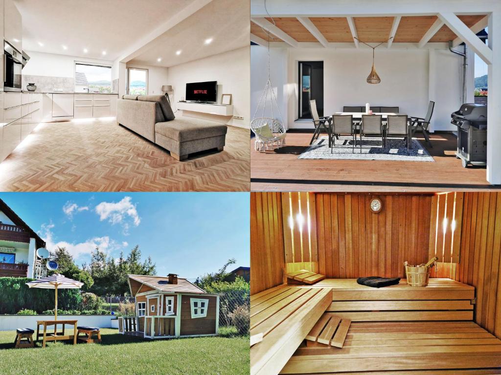 un collage de cuatro fotos de una casa en FeelGood 212 qm Ferienhaus mit 2 Apartments - Garten, Grill & Sauna!, en Schauenburg