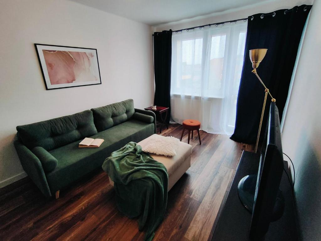 ein Wohnzimmer mit einem grünen Sofa und einem Fenster in der Unterkunft Apartament Inka in Goleniów