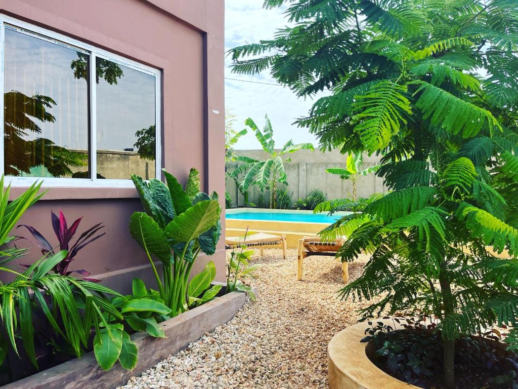 a garden with a pool in the back of a house at Binta Boutique Hotel in Nungwi